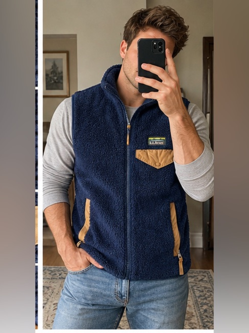 L.L.Bean Men’s Navy Sherpa Fleece Vest Tan Trim Size S Regular
